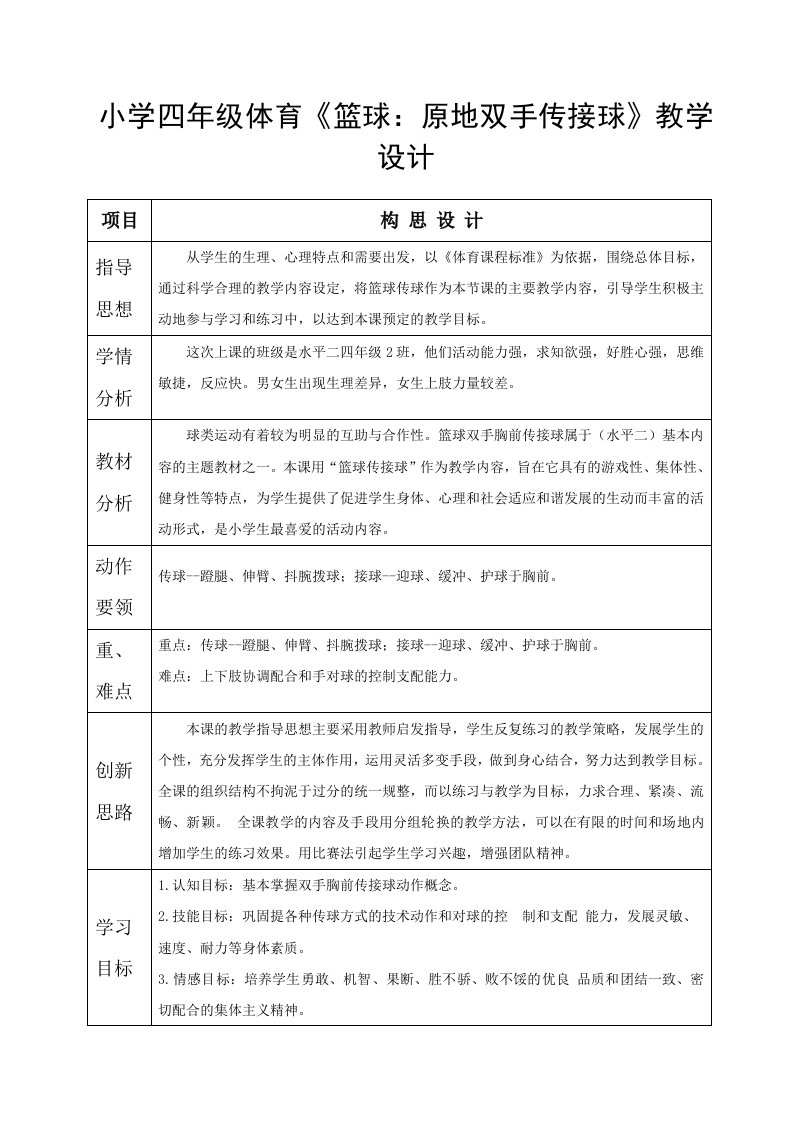 小学四年级体育篮球原地双手传接球教学设计