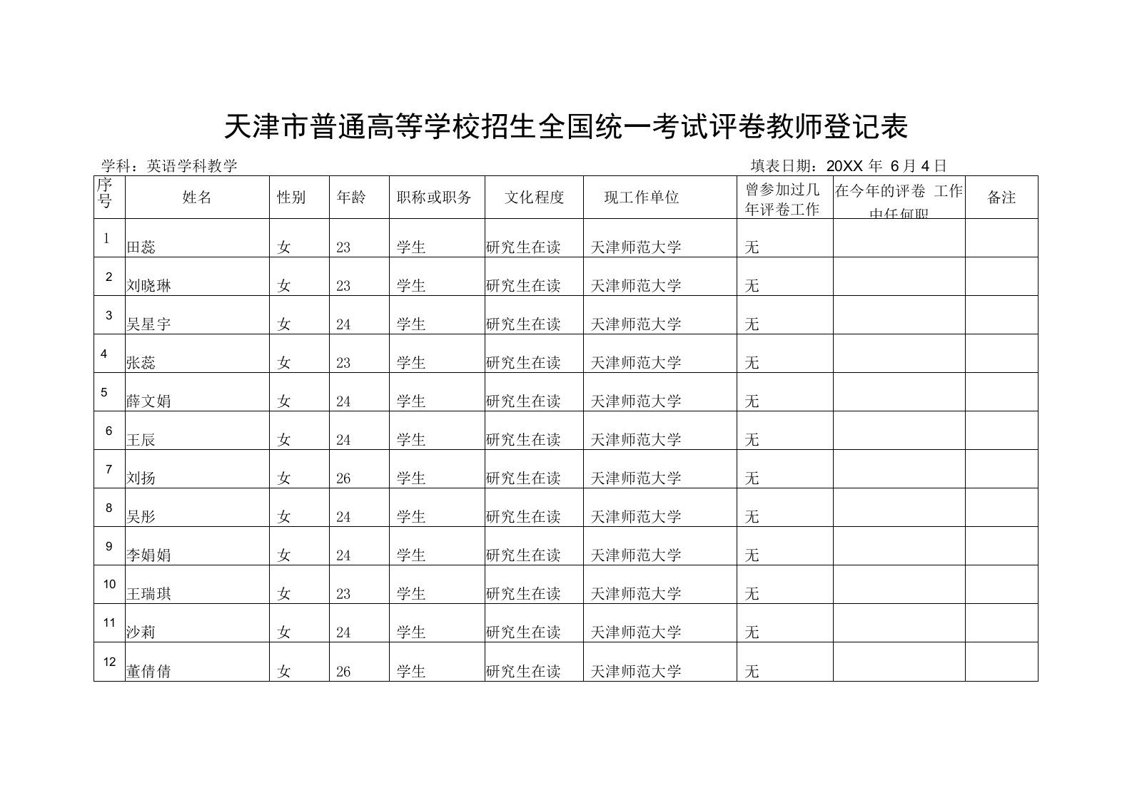 1天津市高等学校招生全国统一考试评卷教师登记表——临时文件资料文档