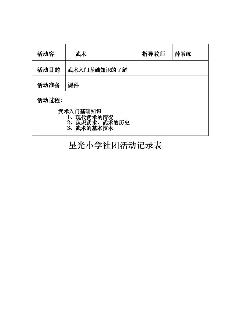 武术社团活动记录文本