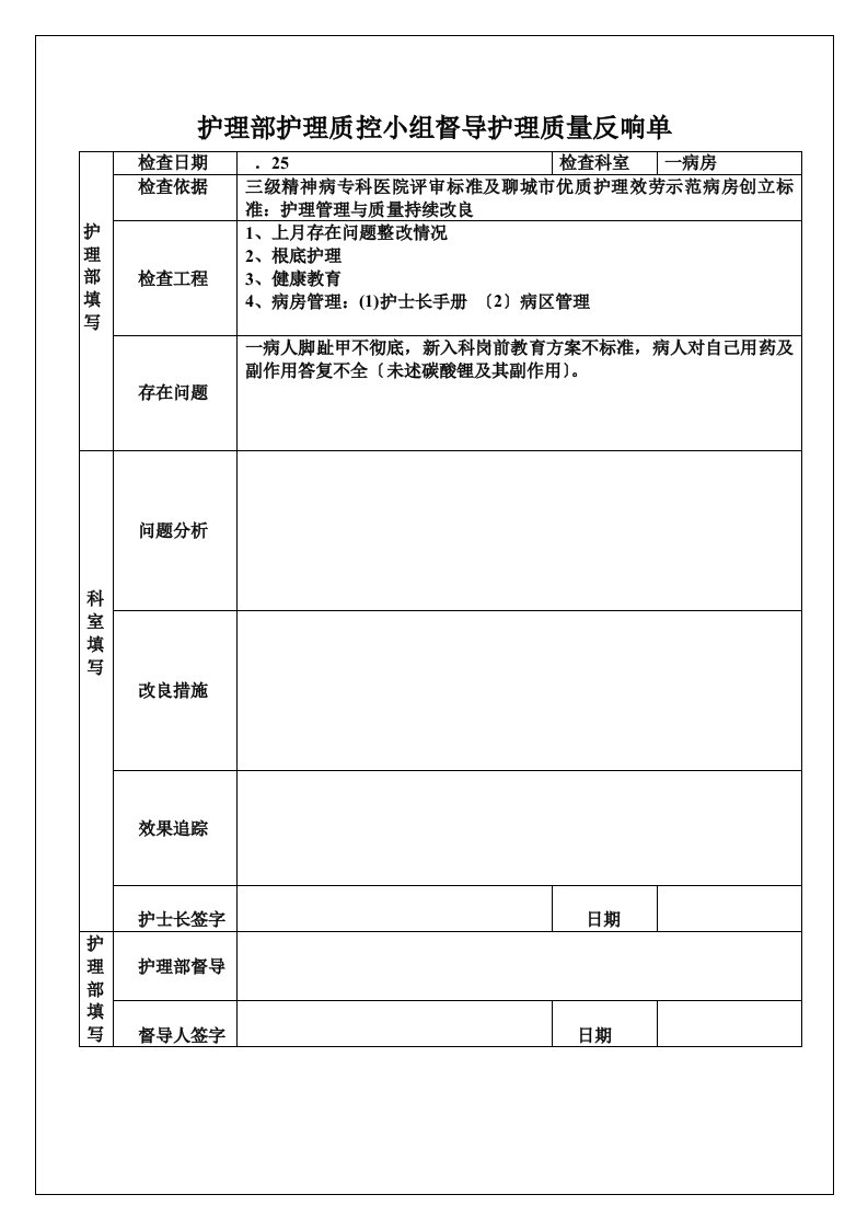 护理部督导病区护理质量反馈单