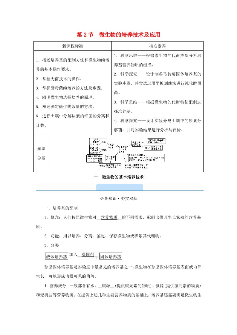 新教材2023年高中生物第1章发酵工程第2节微生物的培养技术及应用1微生物的基本培养技术学案新人教版选择性必修3