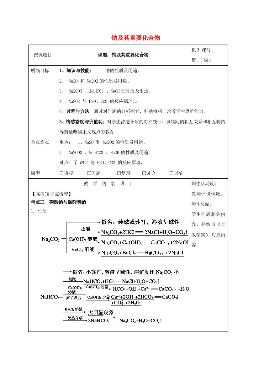 高三化学一轮复习-钠及其重要化合物三教学设计