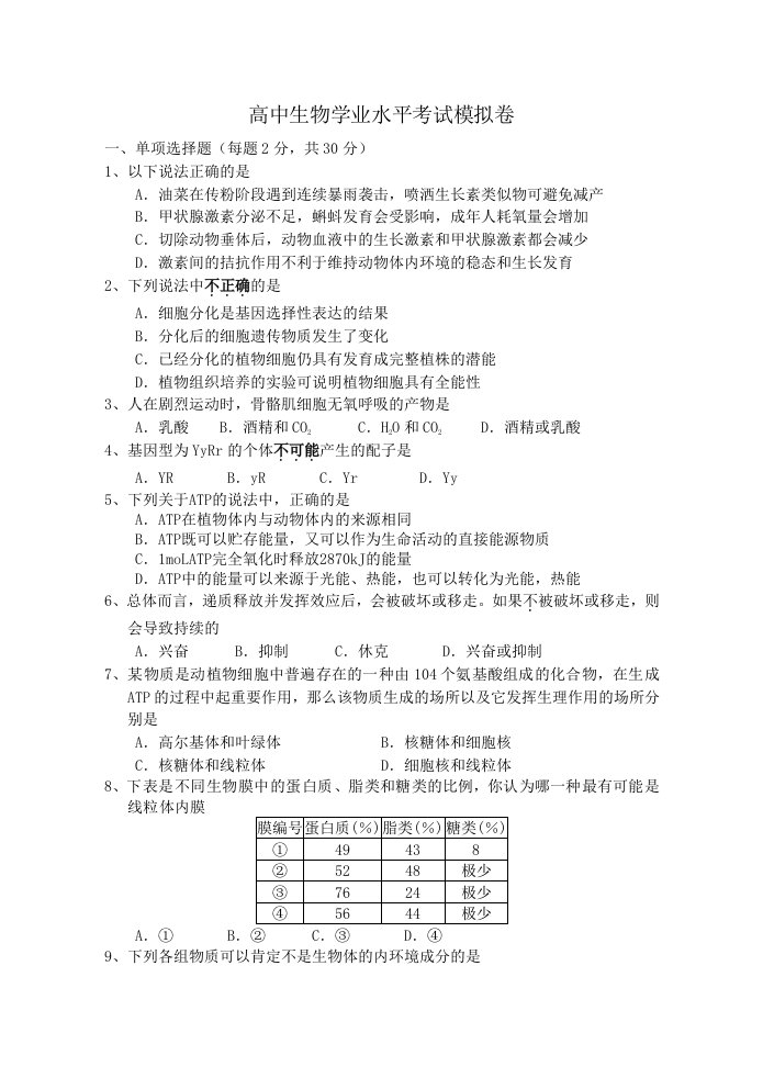 高中生物学业水平考试模拟卷[1]