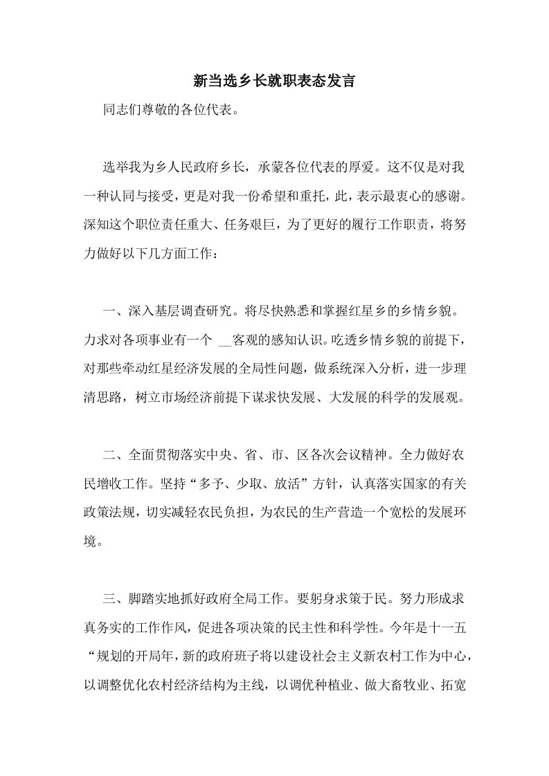 新当选乡长就职表态发言