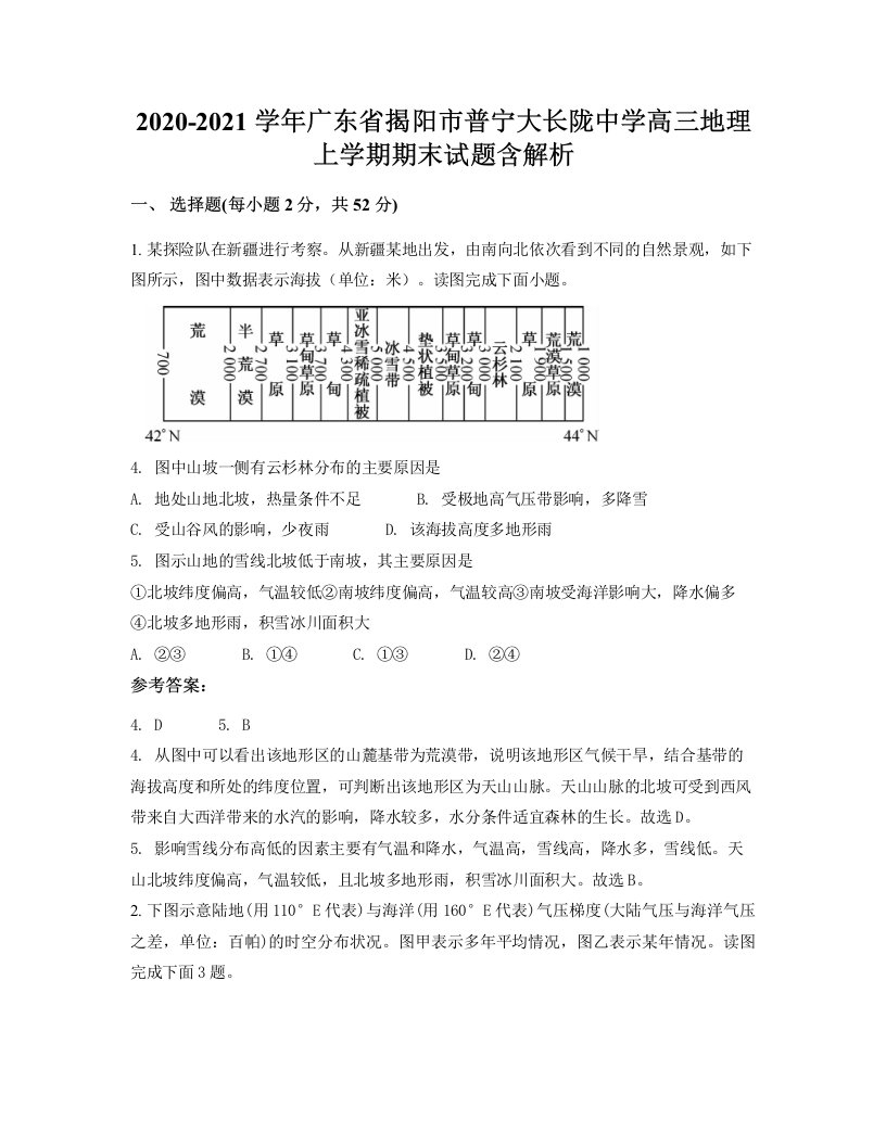 2020-2021学年广东省揭阳市普宁大长陇中学高三地理上学期期末试题含解析