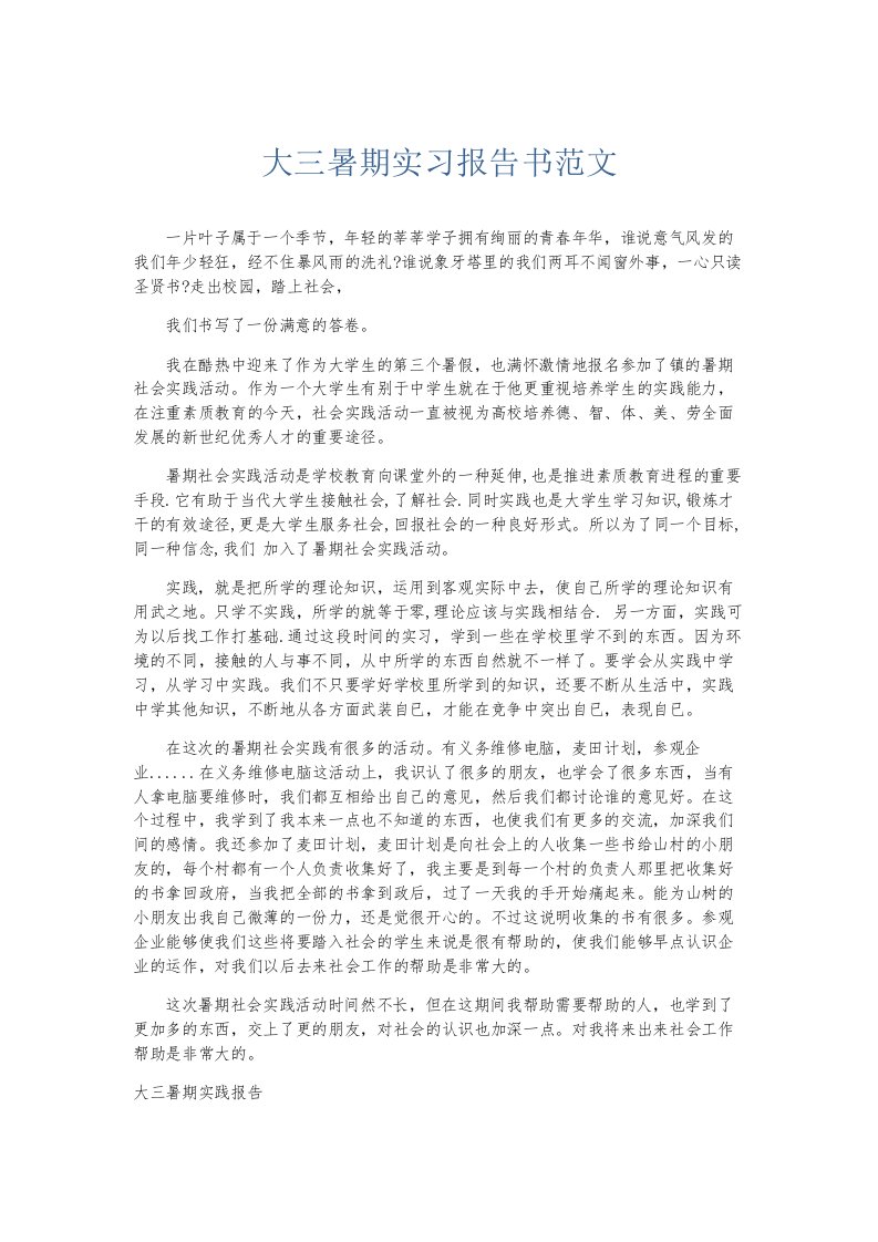 实习报告大三暑期实习报告书范文