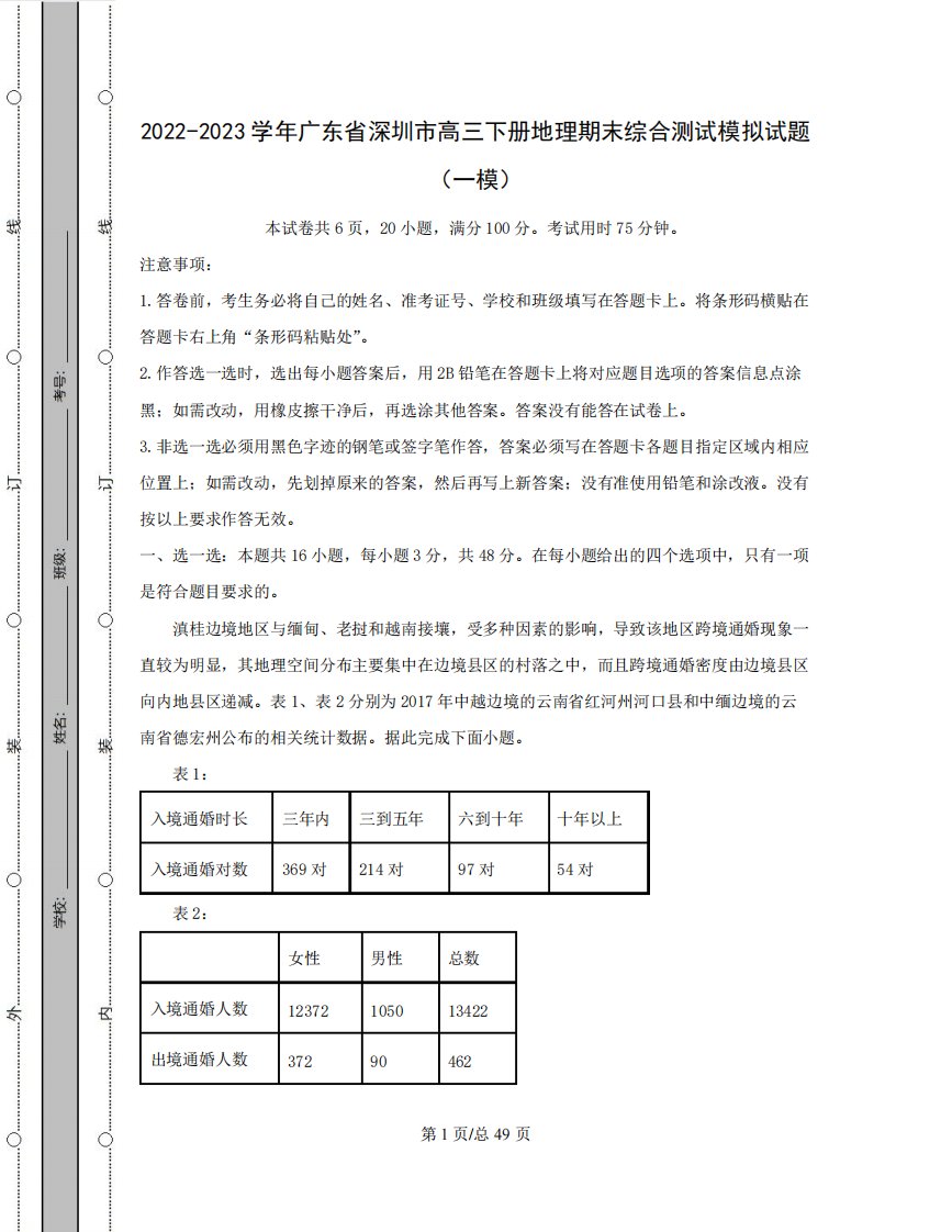 精品广东省深圳市高三下册地理期末综合测试模拟试题(一模二模)含解析精品