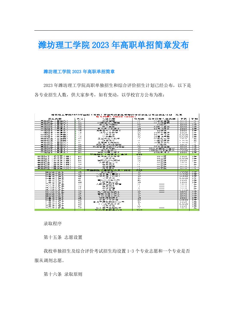 潍坊理工学院高职单招简章发布