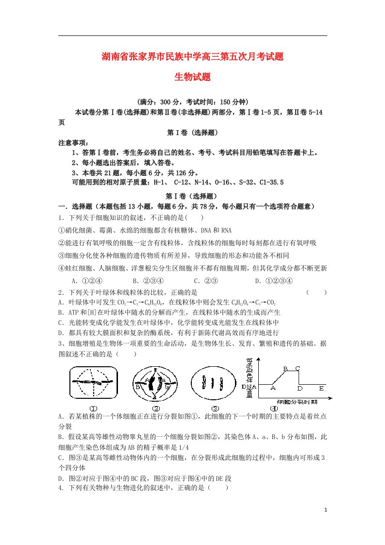 湖南省张家界市民族中学高三生物第五次月考试题新人教版