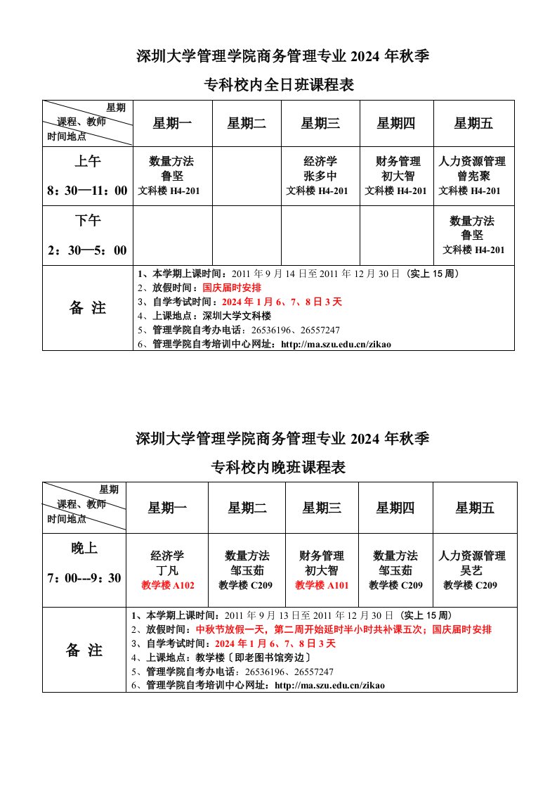 商务管理专业课程表