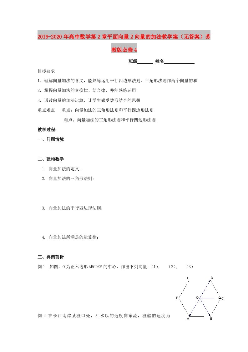 2019-2020年高中数学第2章平面向量2向量的加法教学案（无答案）苏教版必修4