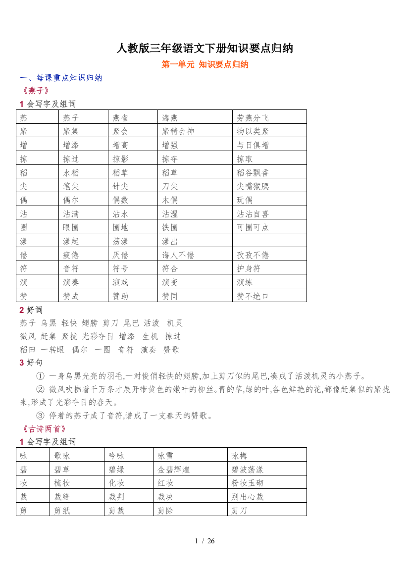 人教版三年级语文下册知识要点归纳