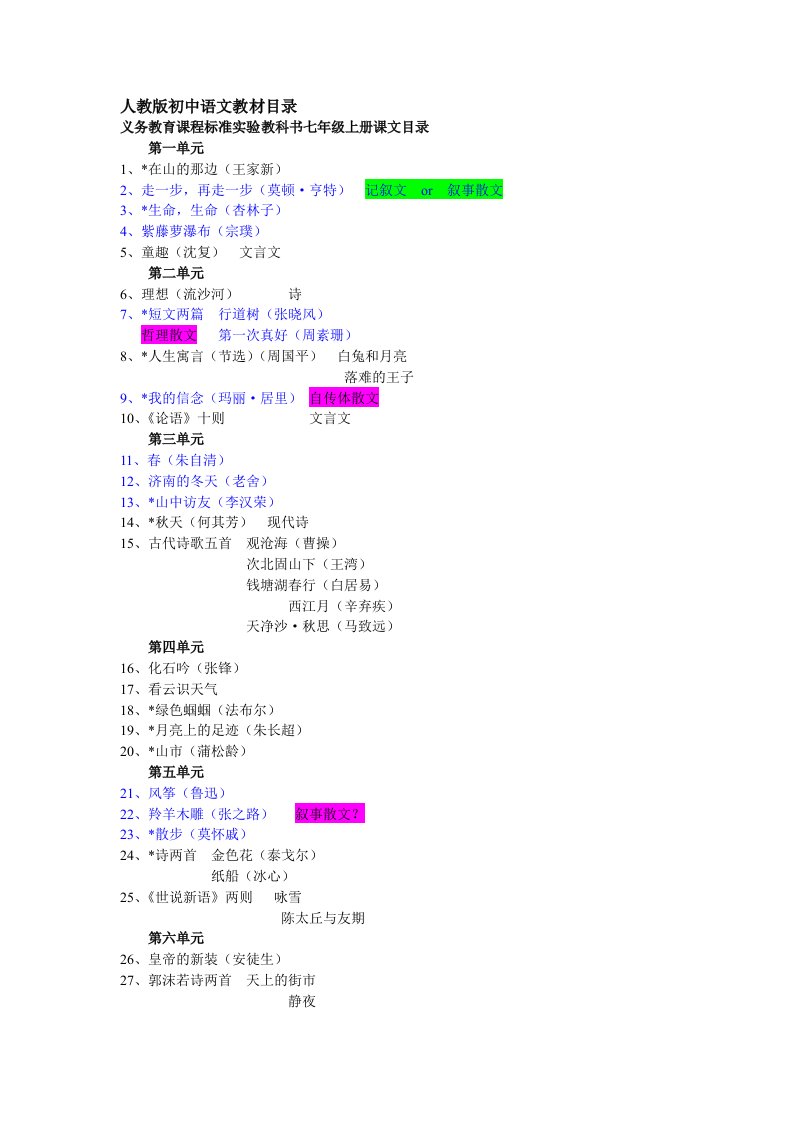 人教版初中语文教材散文篇目