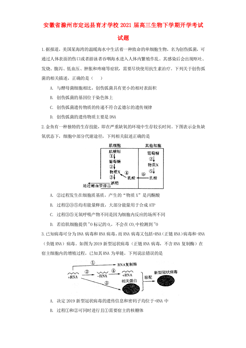 安徽省滁州市定远县育才学校2021届高三生物下学期开学考试试题