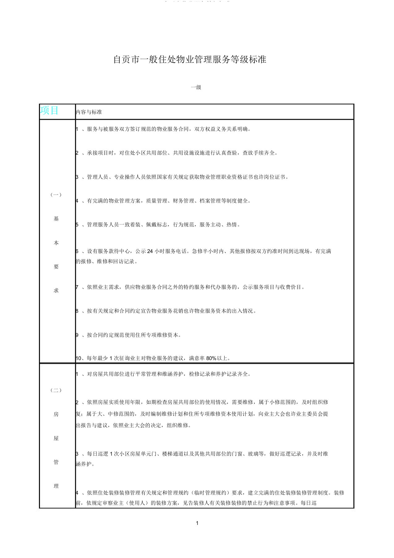 自贡市物业服务等级标准2