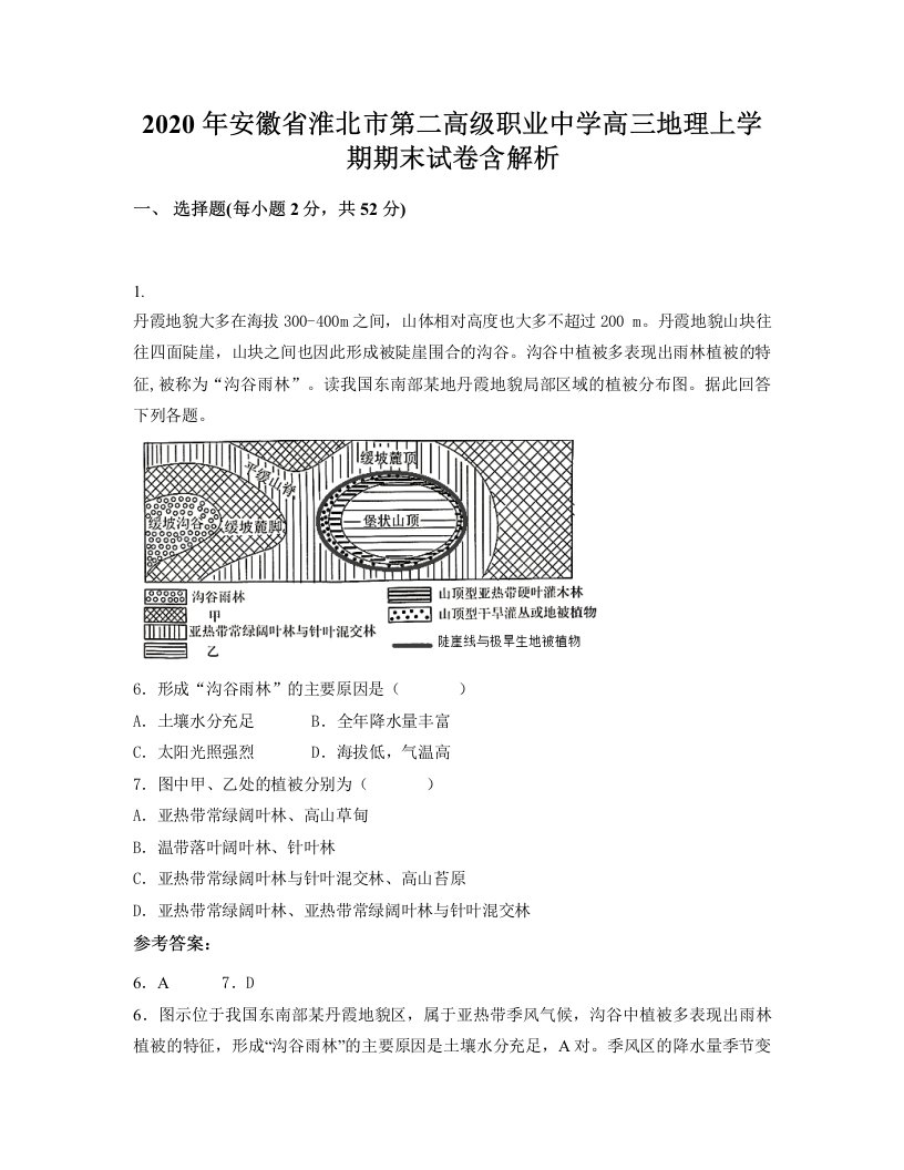 2020年安徽省淮北市第二高级职业中学高三地理上学期期末试卷含解析