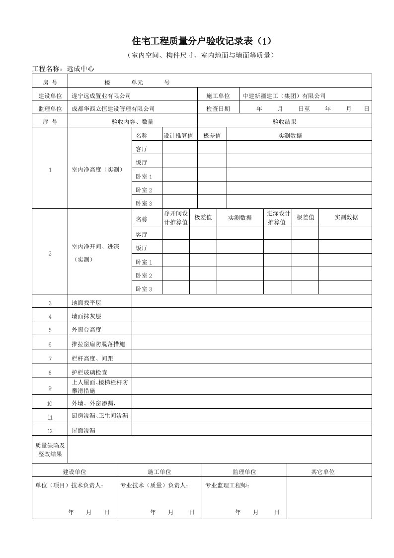 成都市住宅工程质量分户验收记录表