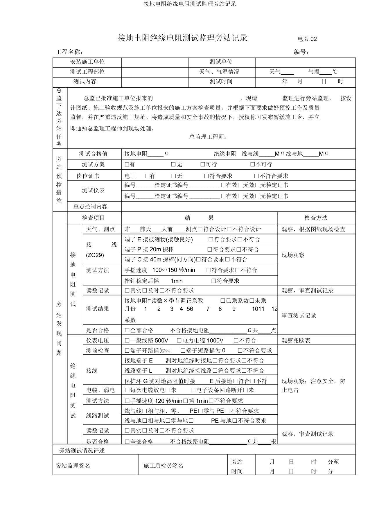 接地电阻绝缘电阻测试监理旁站记录