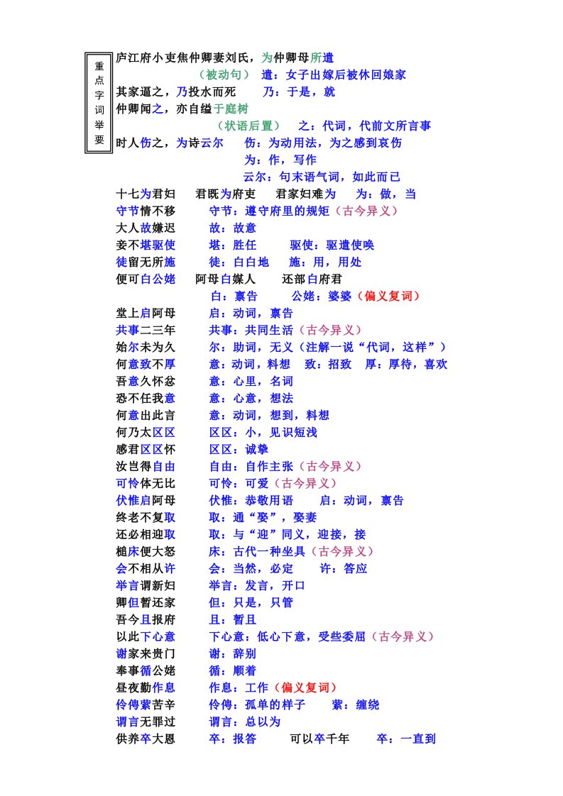 《孔雀东南飞》字词梳理