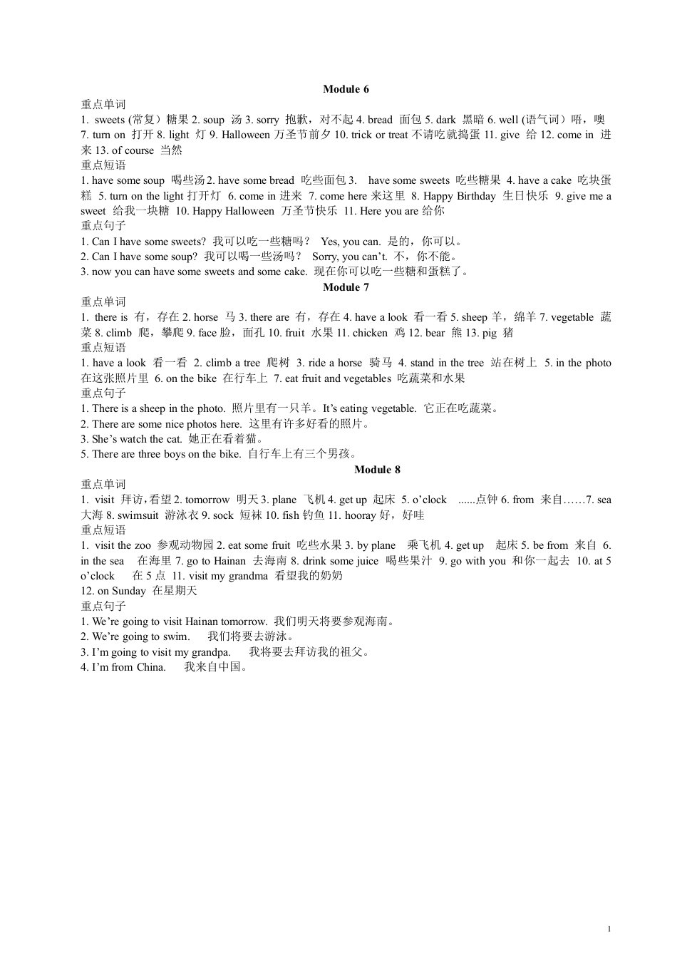 外研社版三起小学英语四年级上册复习提纲M6-M10