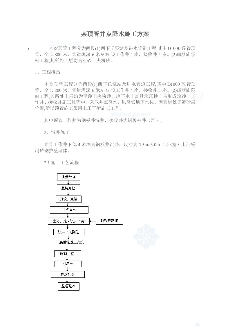 某顶管井点降水施工方案