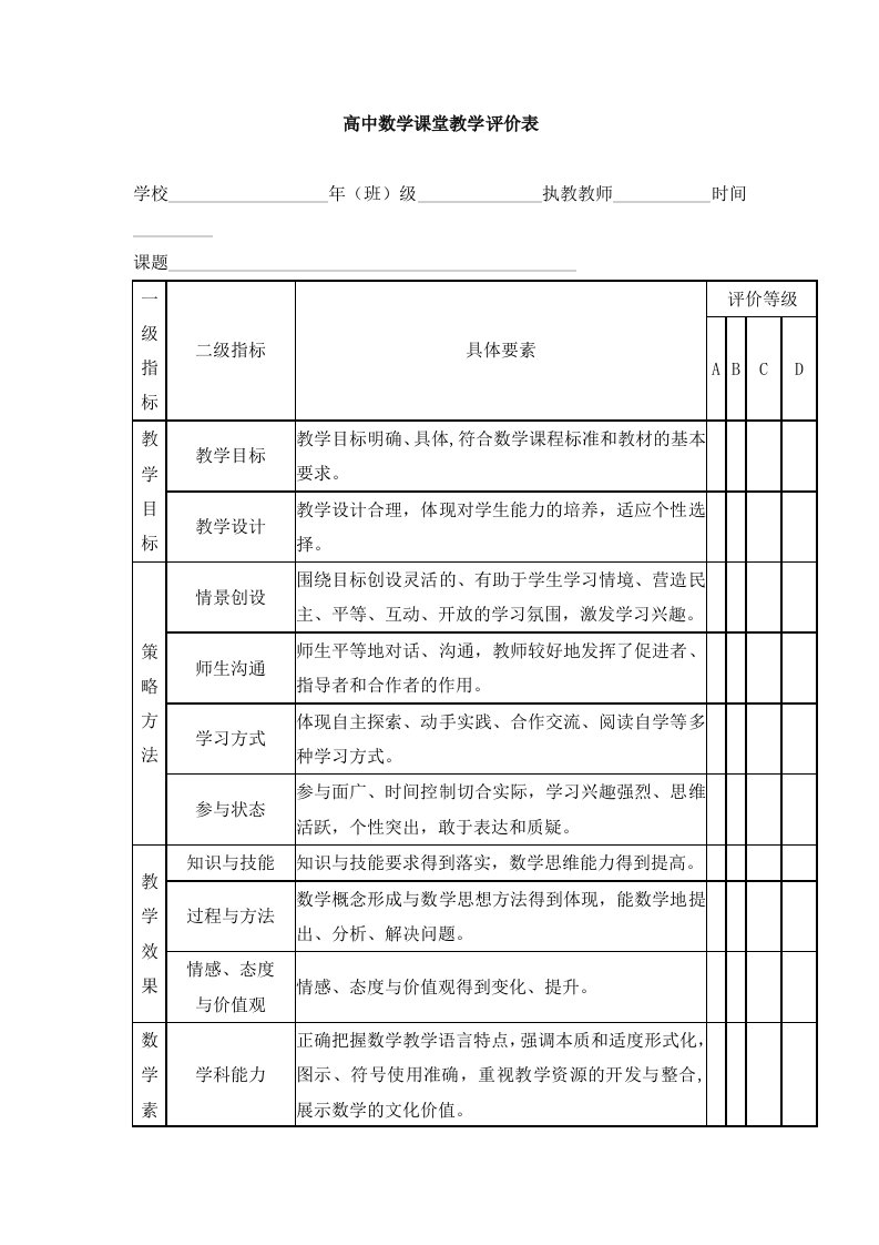 高中数学课堂教学评价表