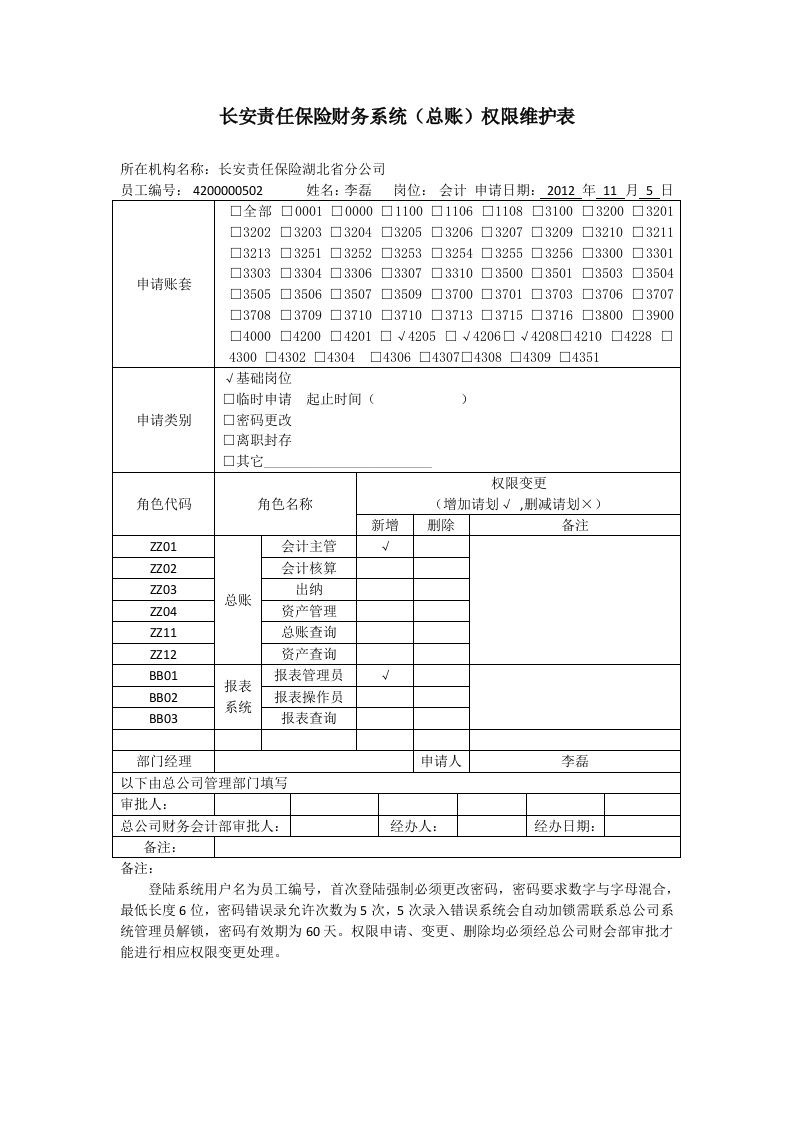 财务系统(总账)权限维护表