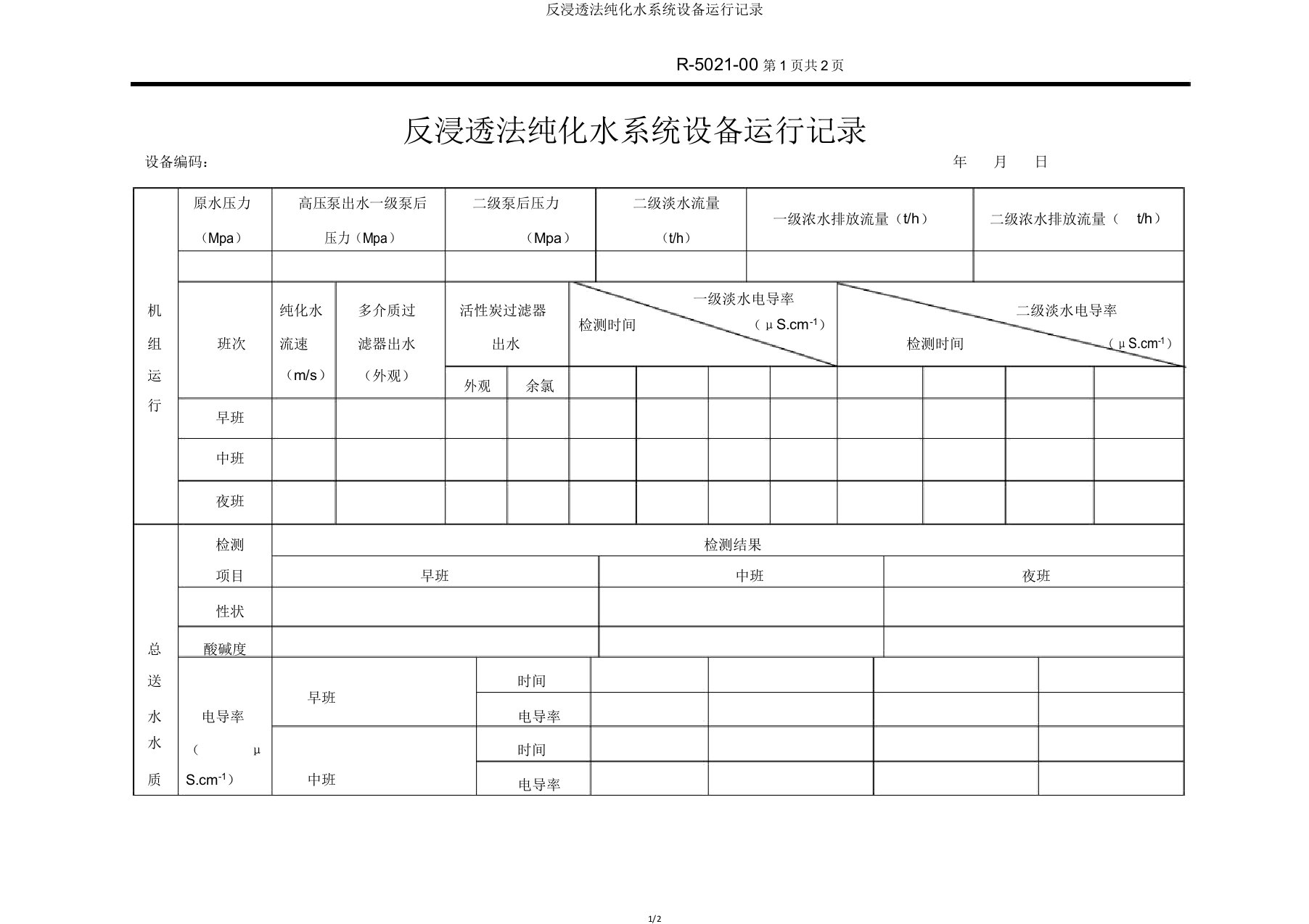 反渗透法纯化水系统设备运行记录