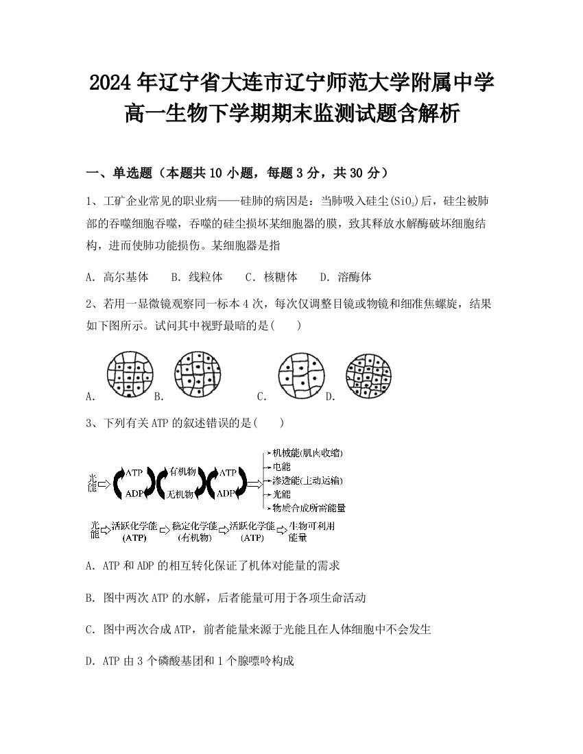 2024年辽宁省大连市辽宁师范大学附属中学高一生物下学期期末监测试题含解析