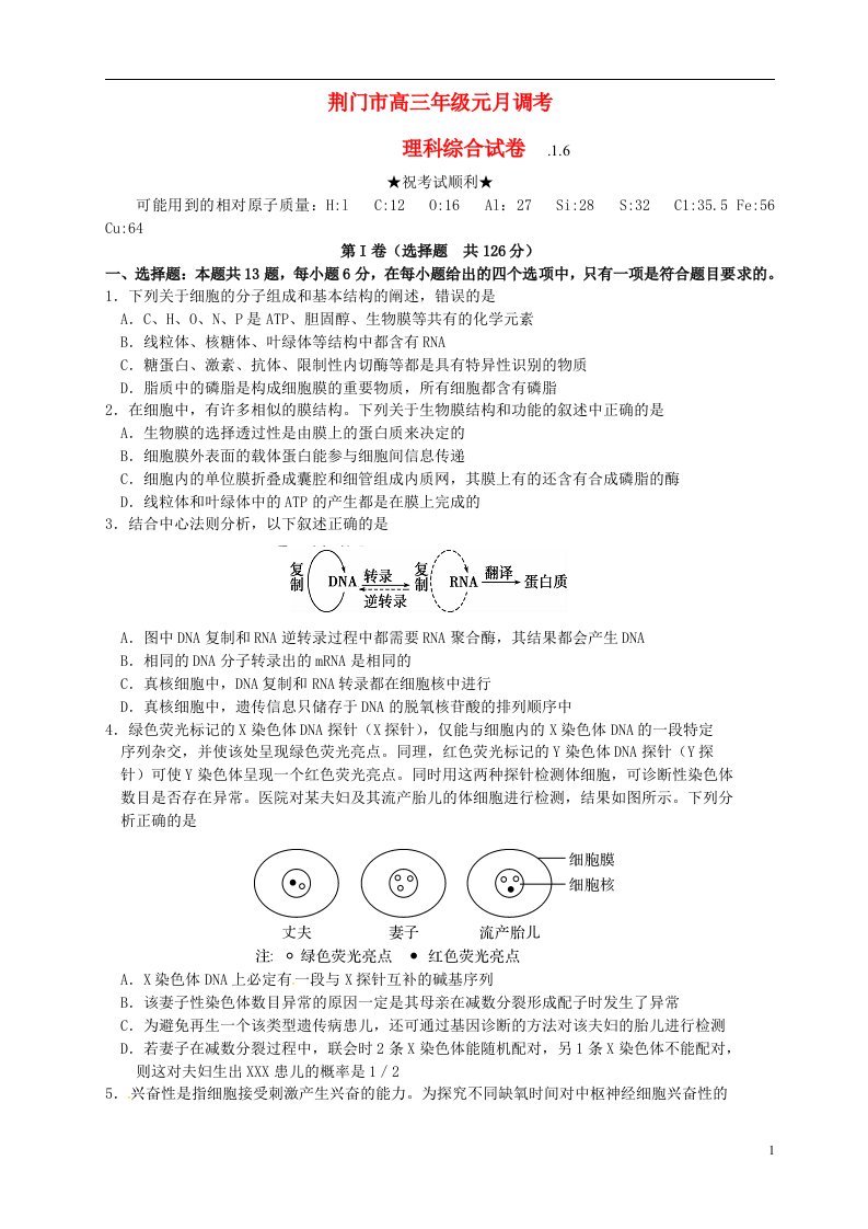 湖北省荆门市高三理综元月调考试题