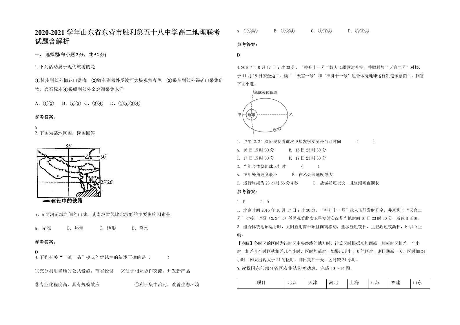 2020-2021学年山东省东营市胜利第五十八中学高二地理联考试题含解析