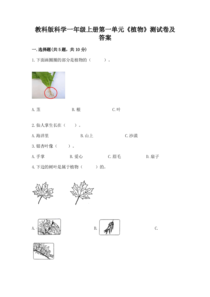 教科版科学一年级上册第一单元《植物》测试卷及答案附答案【B卷】