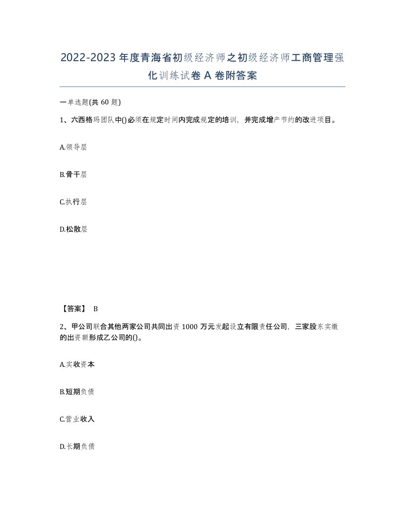 2022-2023年度青海省初级经济师之初级经济师工商管理强化训练试卷A卷附答案