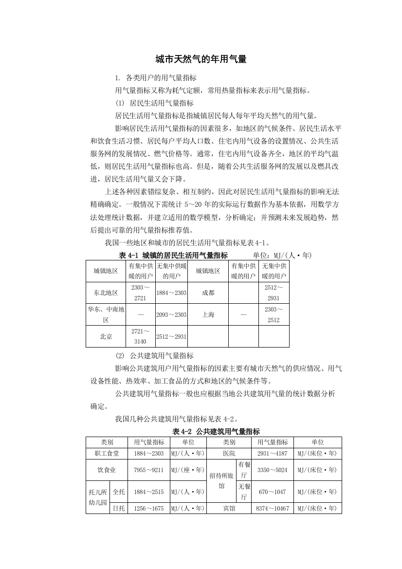 天然气用气量指标和年用气量计算