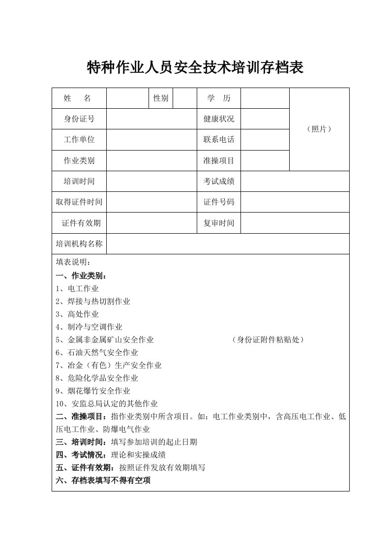 特种作业人员安全技术培训存档表