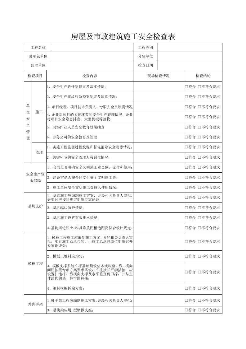 房屋及市政建筑施工安全检查表