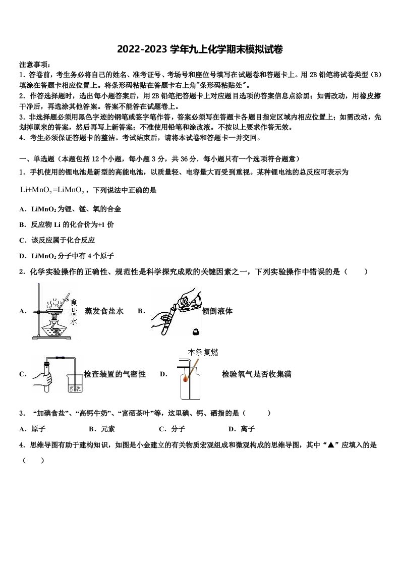 2022年四川省成都市新都区九年级化学第一学期期末综合测试模拟试题含解析