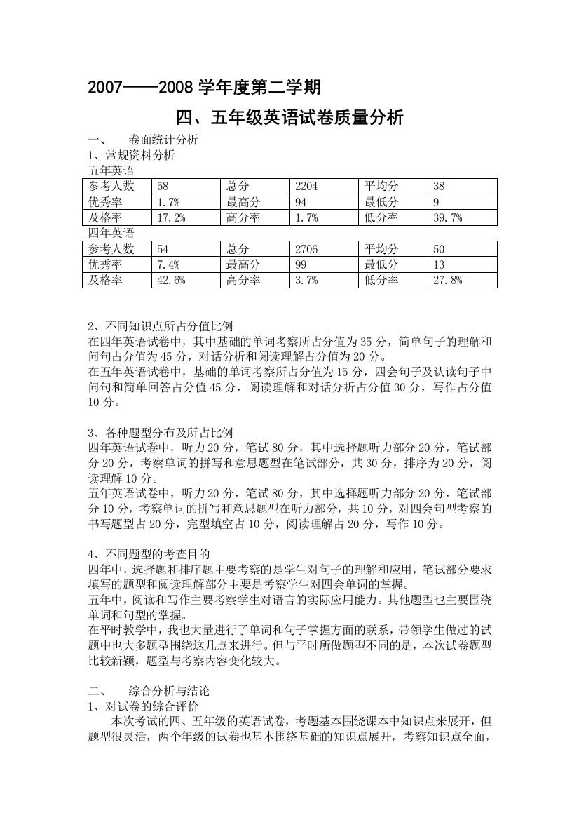 四、五年级英语试卷质量剖析1