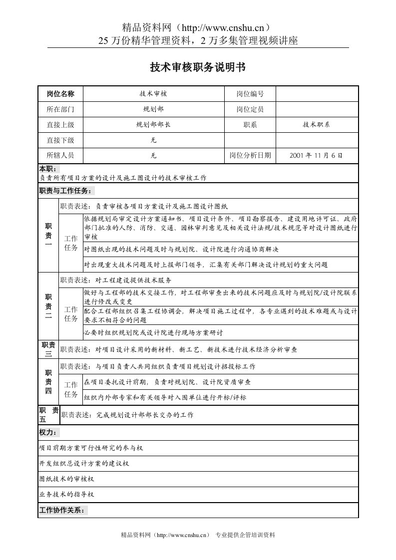 宝地建设集团规划部技术审核职务说明书