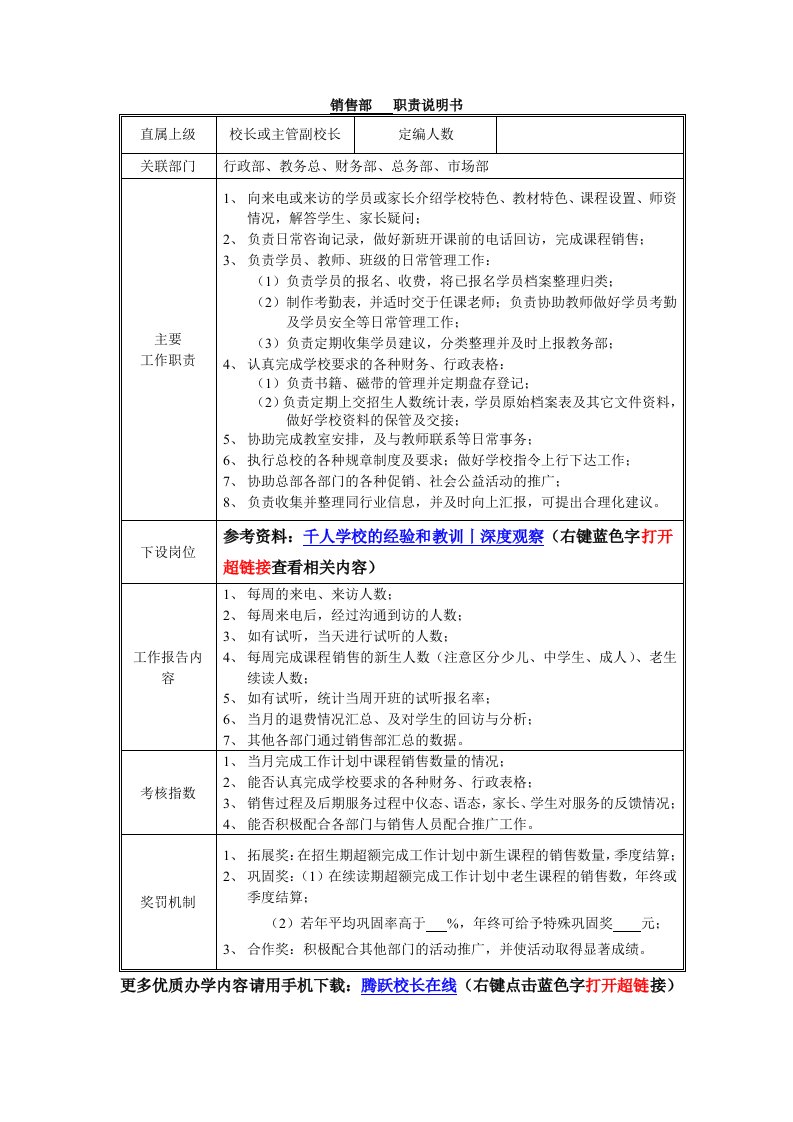 教育培训机构岗位职责说明书表格-销售部