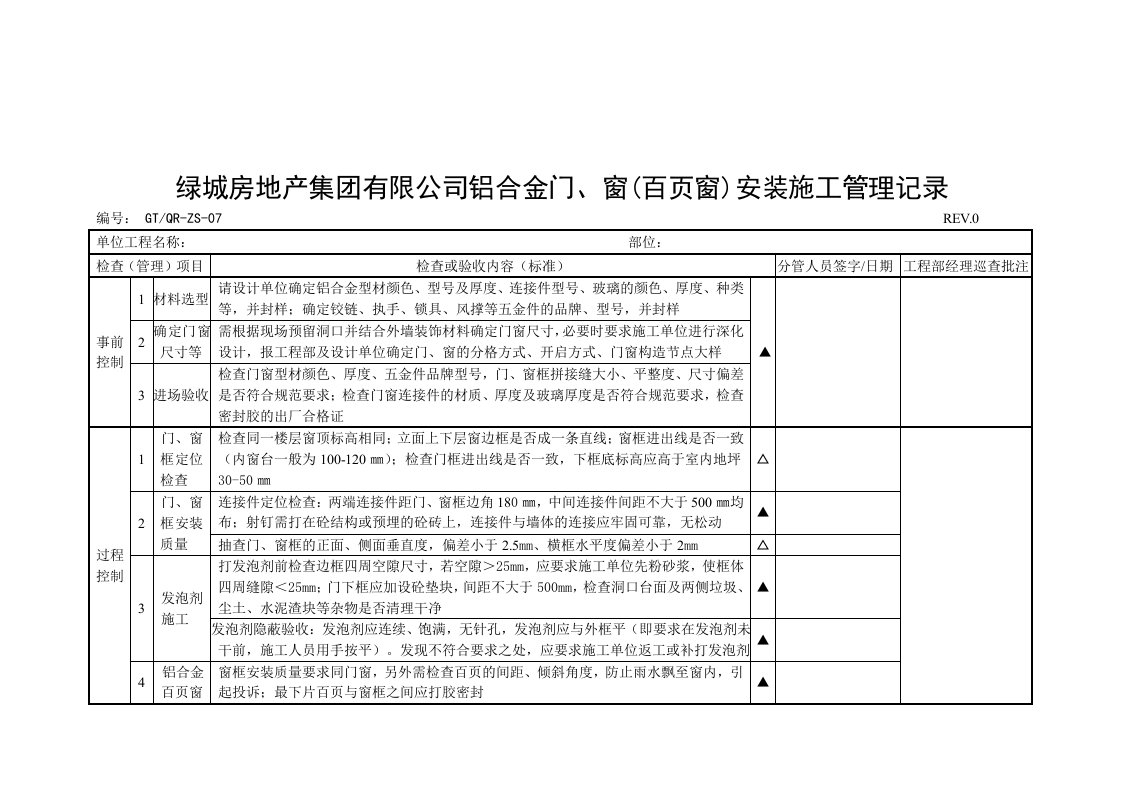 ZS07铝合金门窗安装施工管理记录