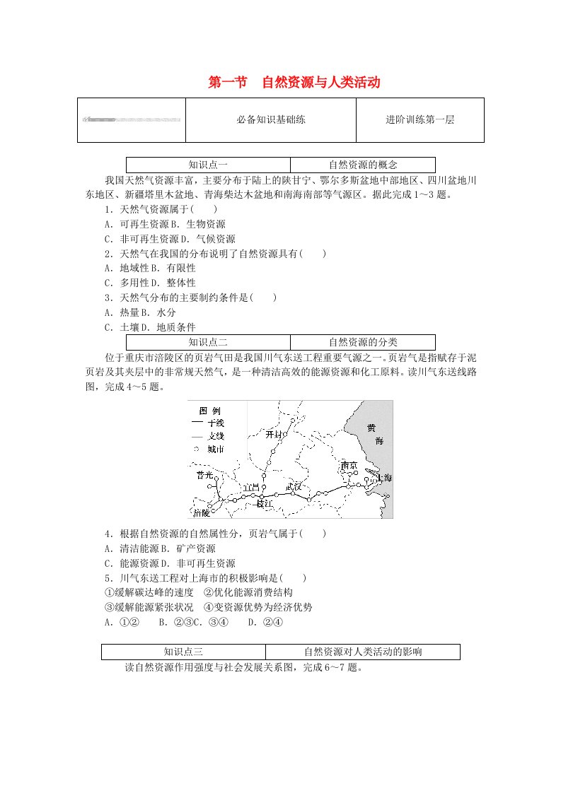 2023版新教材高中地理第一章资源环境与人类活动第一节自然资源与人类活动课时作业湘教版选择性必修3