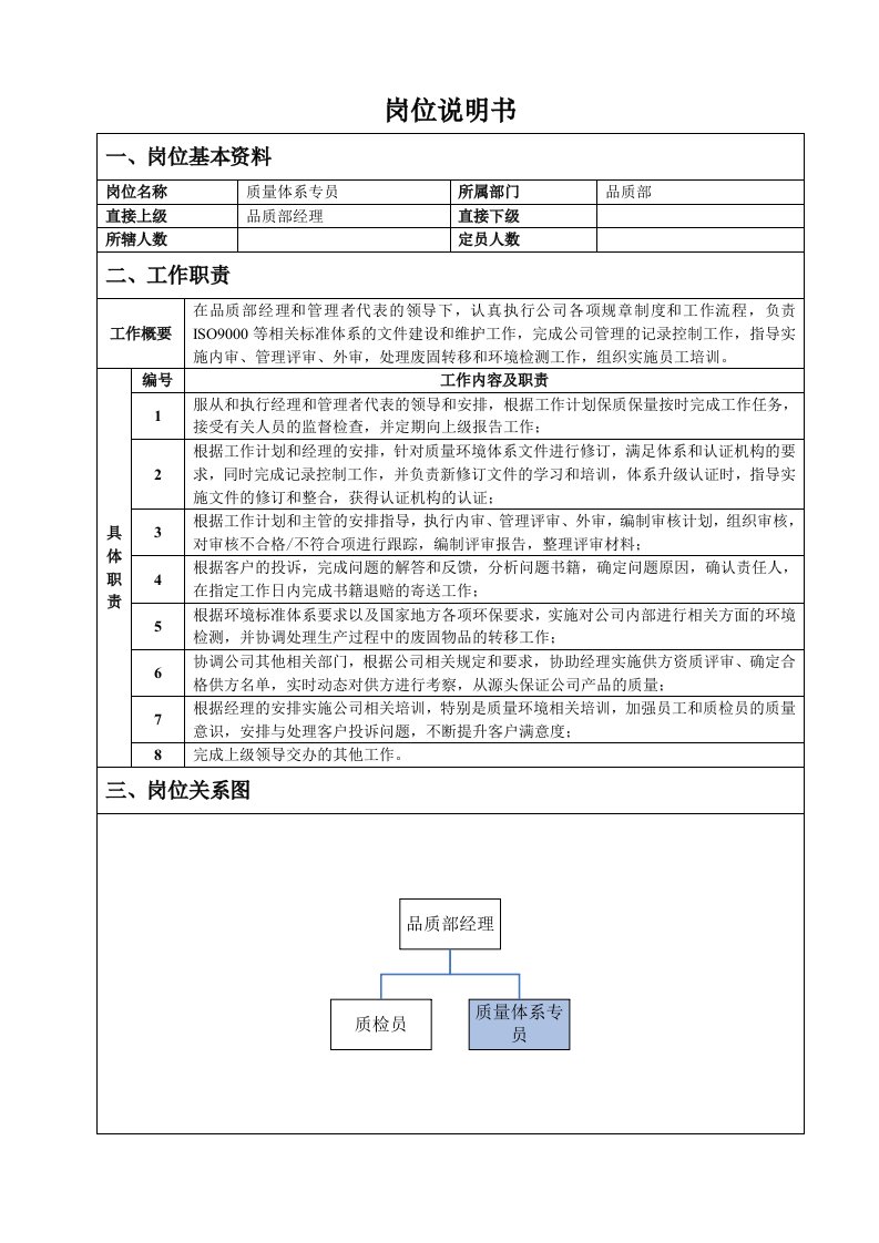 质量体系专员岗位说明书