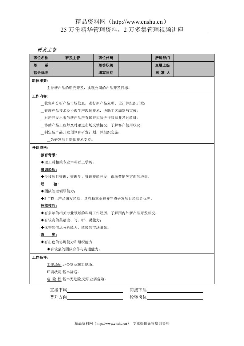 岗位职责-研发主管