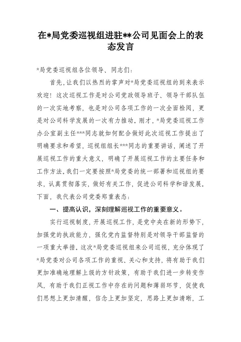 公司迎接上级党委巡视的表态发言