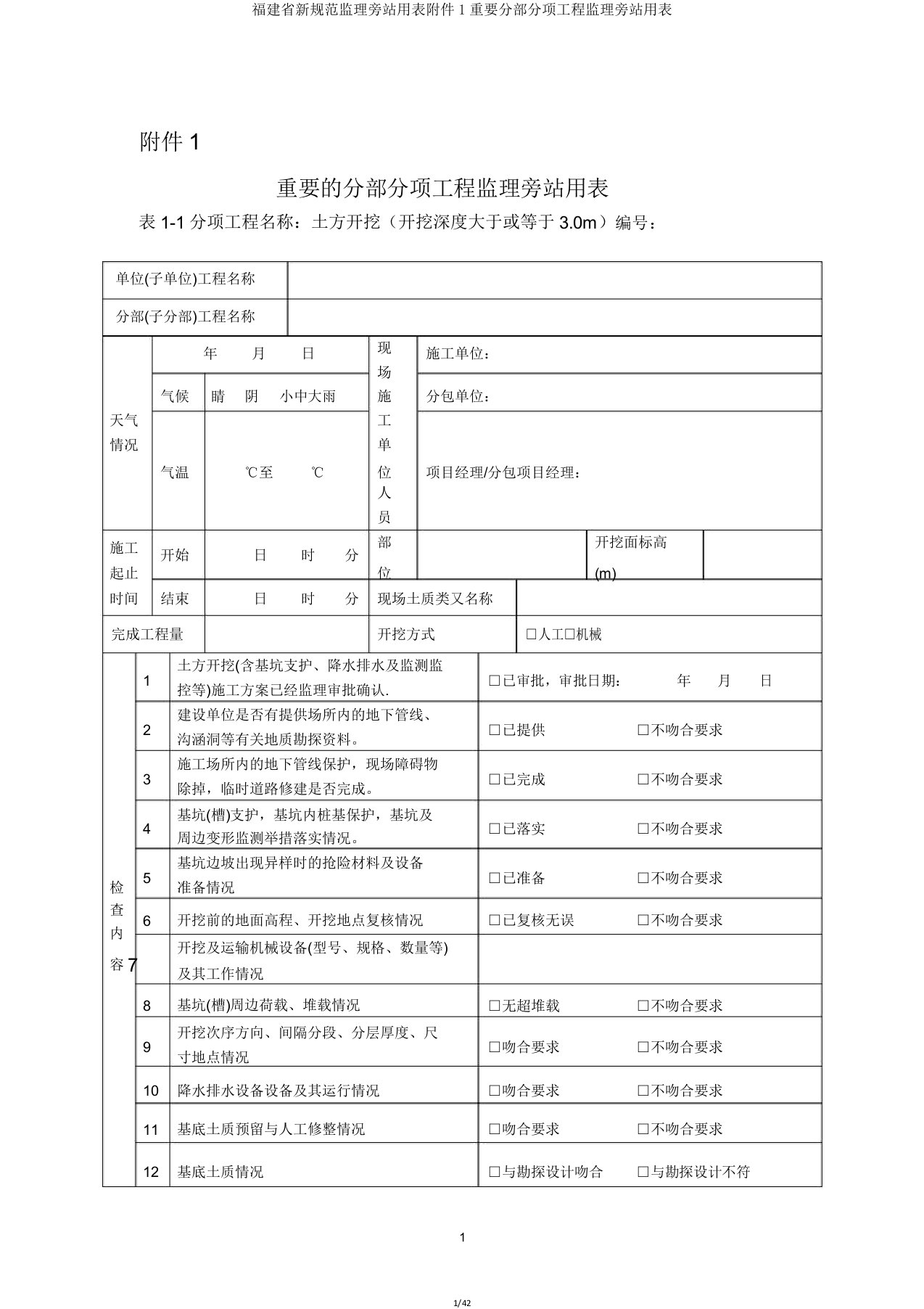 福建省新规范监理旁站用表附件1重要分部分项工程监理旁站用表