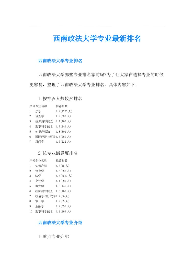 西南政法大学专业最新排名