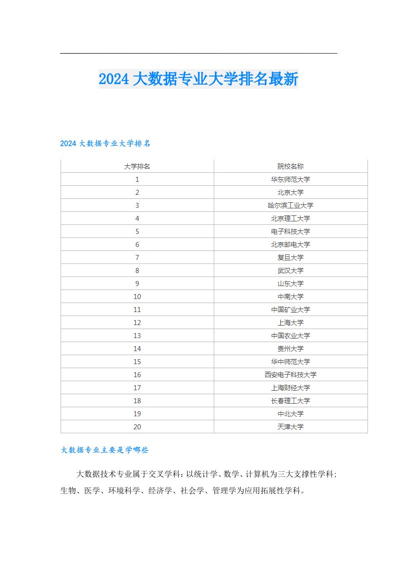 2024大数据专业大学排名最新