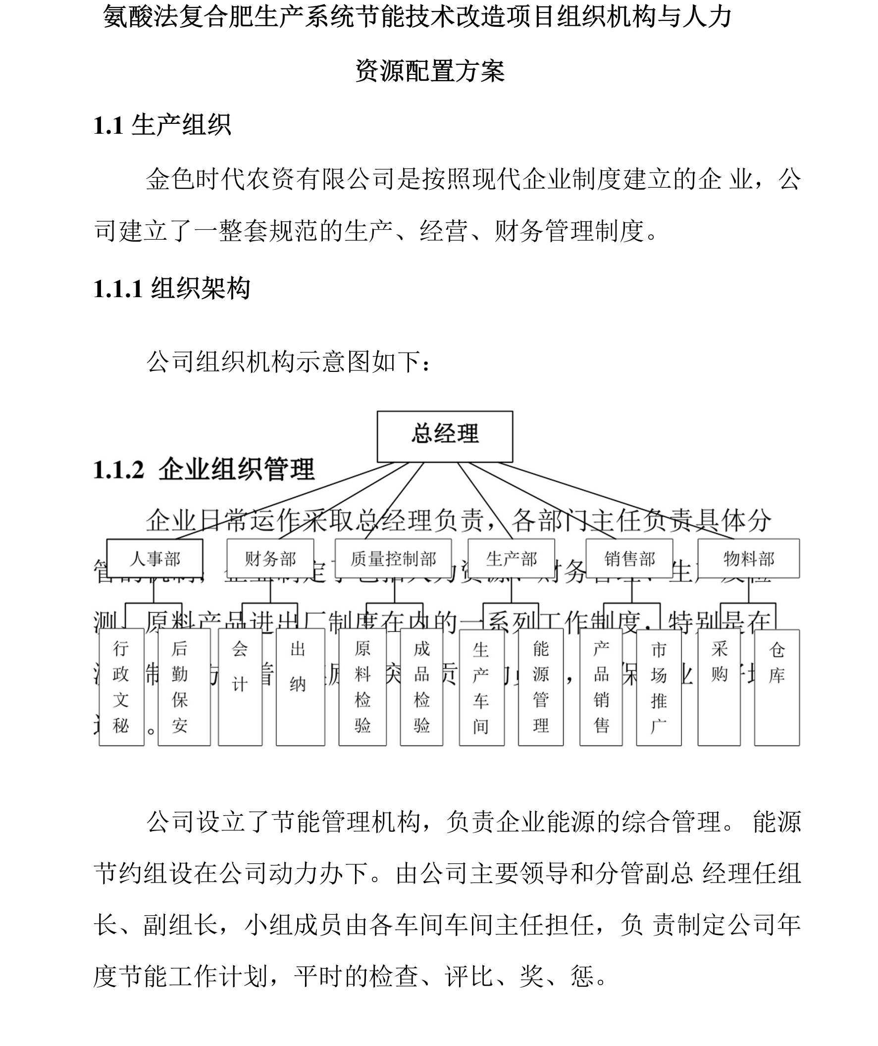 氨酸法复合肥生产系统节能技术改造项目组织机构与人力资源配置方案