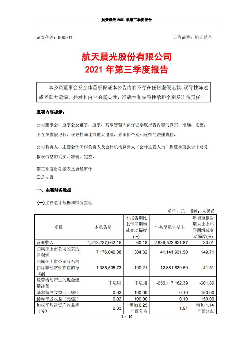 上交所-航天晨光股份有限公司第三季度报告-20211029